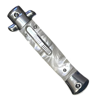 9” Stiletto style White Marble Automatic OTF (Out The Front) single Blade