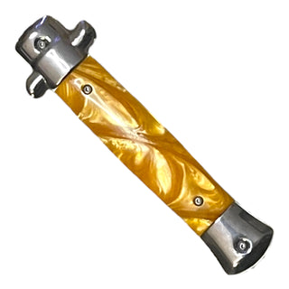 9” Stiletto style yellow marbel Automatic OTF (Out The Front) single Blade