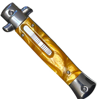 9” Stiletto style yellow marbel Automatic OTF (Out The Front) single Blade