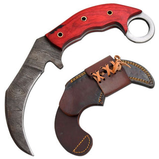 8.5" True Damascus (256-Layer) Karambit with Red Wood Handle Bone Inlay