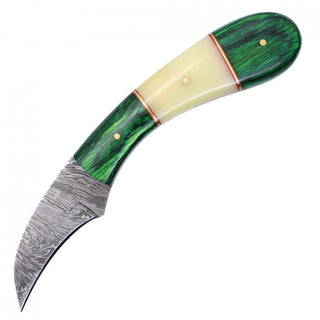 7" True Damascus (256-Layer) Hawkbill Knife with Green Wood Handle & White Bone Inlay