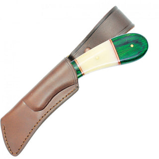 7" True Damascus (256-Layer) Hawkbill Knife with Green Wood Handle & White Bone Inlay