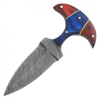 5.75" True Damascus (256-Layer) Push Dagger Knife with & Multi-Colored Wood Handle