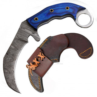 8.5" True Damascus (256-Layer) Karambit with Blue Wood Handle
