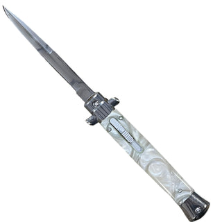 10.5” Stiletto style White Marble Automatic OTF (Out The Front) single Blade