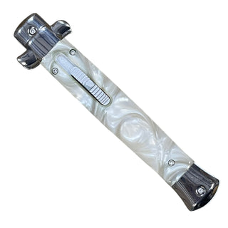 10.5” Stiletto style White Marble Automatic OTF (Out The Front) single Blade