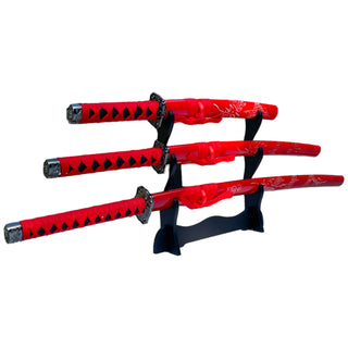 3 Piece Red Samurai Set with Stand NON SHARPENED