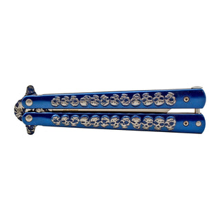 5.25" Full Stainless Steel Butterfly Folding Pocket Knife - Blue Death's Head Skull
