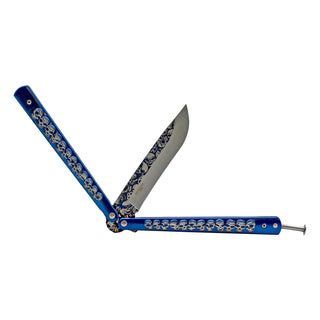 5.25" Full Stainless Steel Butterfly Folding Pocket Knife - Blue Death's Head Skull