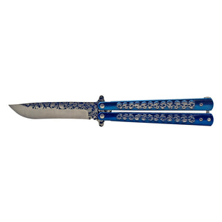 5.25" Full Stainless Steel Butterfly Folding Pocket Knife - Blue Death's Head Skull