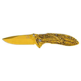 4.5" Solid Metal Stainless Steel 3D Embossed Angry Dragon Folding Pocket Knife with Belt Clip - Black