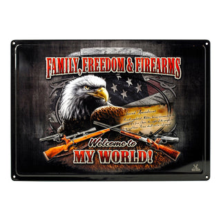 Family, Freedom, and Firearms Welcome to My World American Eagle 2nd Amendment Tin Metal
Sign