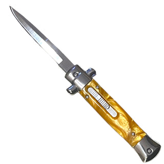 9” Stiletto style yellow marbel Automatic OTF (Out The Front) single Blade