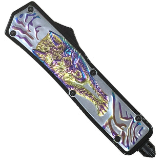 9" Automatic OTF Out the Front Tanto Blade Wolf -Rainbow
