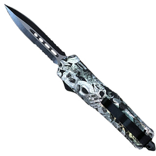 9" Automatic OTF Out the Front Double-Sided Serrated Blade Skulls