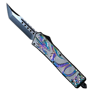 9" Automatic OTF Out the Front Tanto Blade Dragon - Rainbow