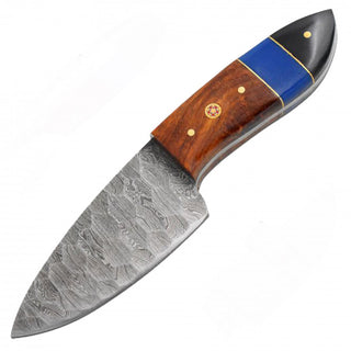 7" True Damascus (256-Layer) Knife with Wood Handle Bison Horn Blue Marble Inlay