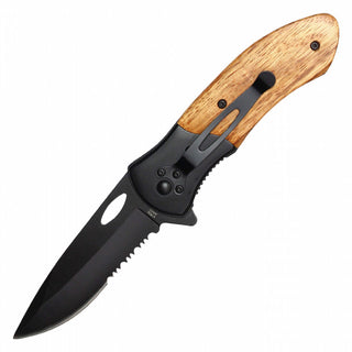 8" Black Serrated Pocket Knife With Wooden Handle