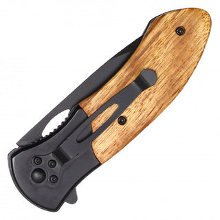 8" Black Serrated Pocket Knife With Wooden Handle