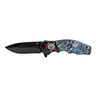 4.5" Drop Point Wood Carving Hand Grip Spring Assisted Folding Pocket Knife - Wolf Howl at the Moon