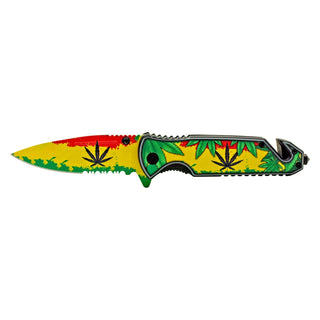 4.75" Drop Point Spring Assisted Rescue Folding Pocket Knife - Marijuana Rasta Leaf