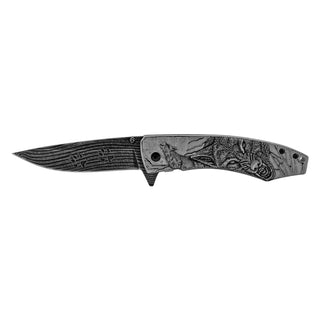 4.75" Embossed Stainless Steel Drop Point Spring Assisted Folding Pocket Knife