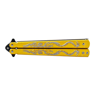 5.25" Anodized Aluminum Automatic Chinese Dragon Butterfly Folding Pocket Knife - Gold