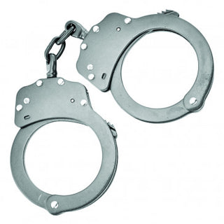 Stainless Steel Tactical Police Chained Chrome Handcuffs w/ Leather Case